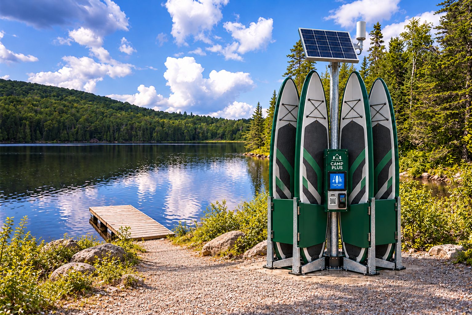 Station CAMP+ de location de planches à pagaie installée au bord d'un lac